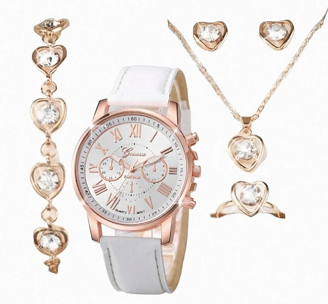 Women's Elegant Three-eye Roman Scale Dial Quartz Watch & Jewelry Set - 4 Pieces